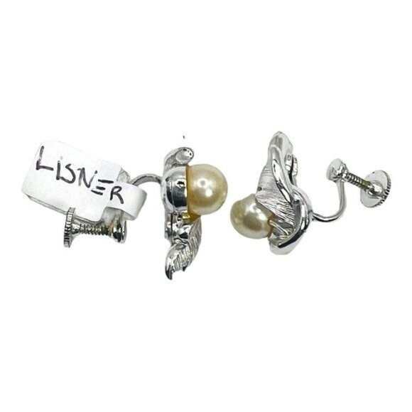 LISNER Vintage 60s Silver Leaf Faux Pearl Screw Back Earrings, Signed - Picture 10 of 11